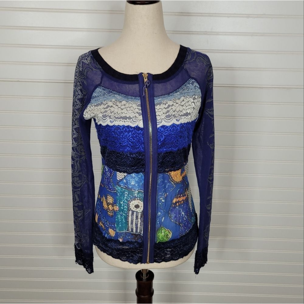 Blue Zip up lace detail cardigan Small